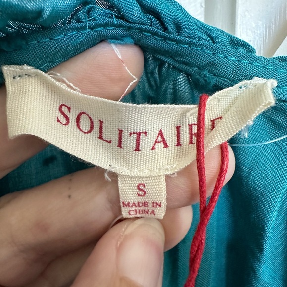 Solitaire Tunic Embroidered Peasant Blouse Turquoise Ruffled Neck Ties Size S - Picture 9 of 13